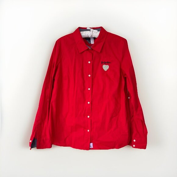 Tommy Hilfiger Women’s Large Button Down Shirt Red Love You More Stitching - Picture 1 of 7